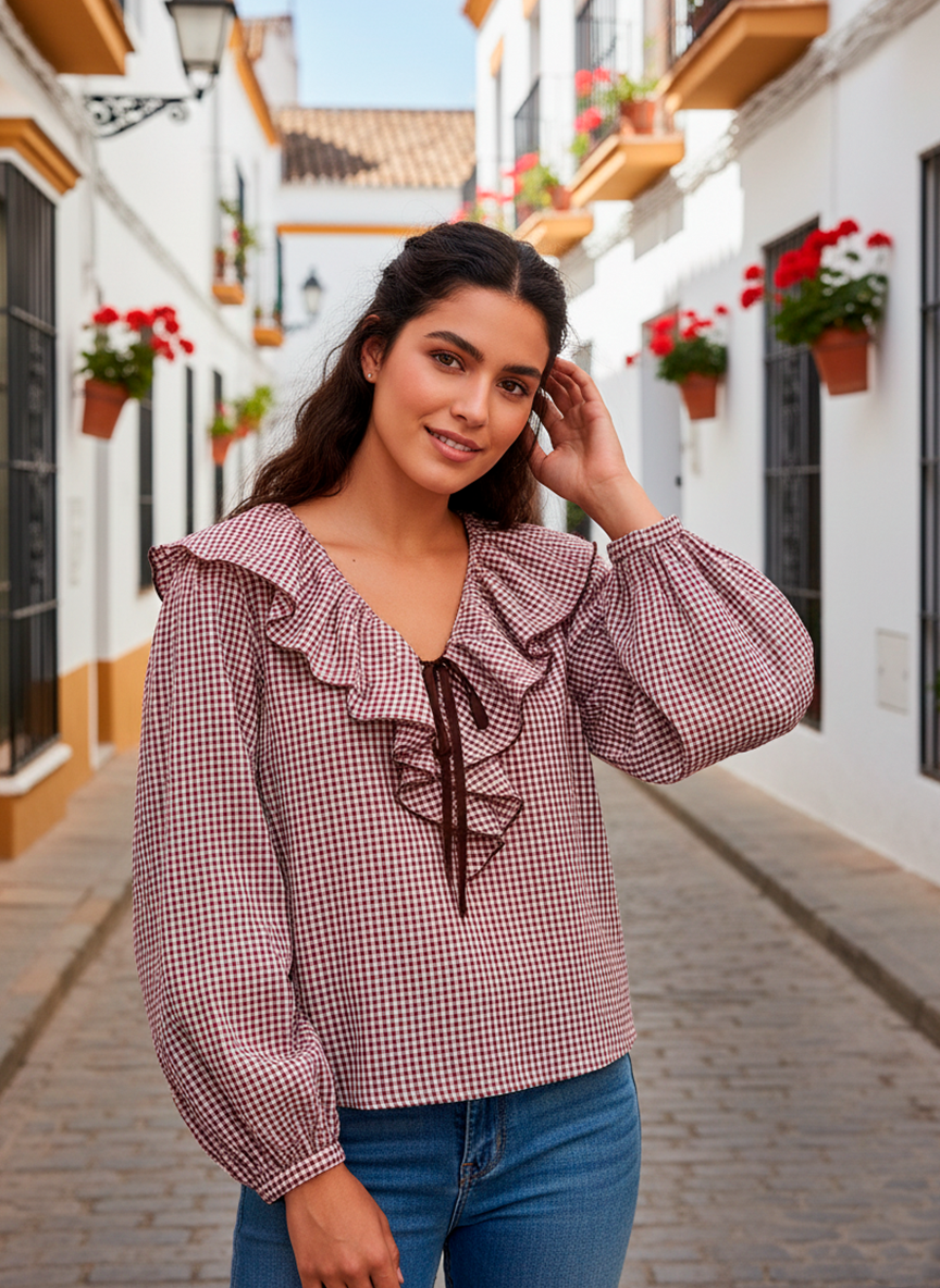 SARA - Blusa a cuadros con volantes